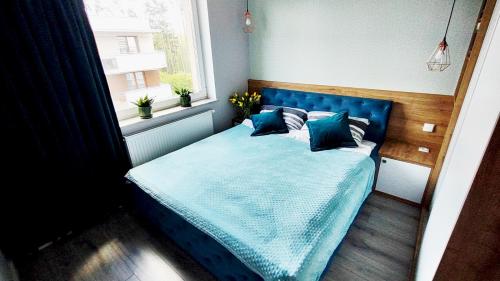 Cama azul en habitación con ventana en Apartament w lesie nad rzeką, en Dywity