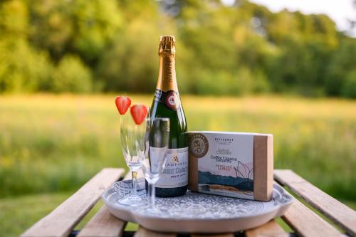 a bottle of champagne and glasses on a picnic table at Killarney Glamping at the Grove, Suites and Lodges in Killarney