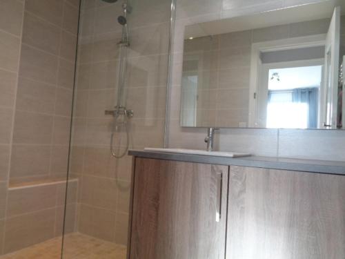 une salle de bain avec une douche, un lavabo et un miroir dans l'établissement Centre-ville Arcachon, T3 rénové avec aperçu mer, proche plage et gare - FR-1-374-77, à Arcachon