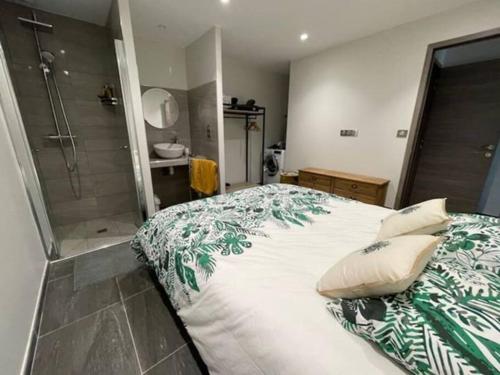 ein Schlafzimmer mit einem großen Bett und einer Dusche in der Unterkunft Appartement avec vue magnifique in Grosseto-Prugna