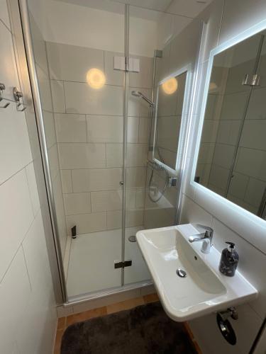 ein Bad mit einem Waschbecken und einer Dusche in der Unterkunft Ferienwohnung 1 Zimmer App Ankerplatz 43 im Olympiazentrum in Kiel