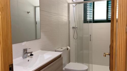 La salle de bains est pourvue de toilettes, d'un lavabo et d'une douche. dans l'établissement Apartamentos Satse Moncofa, à Moncofa