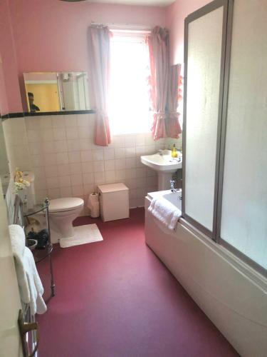 a bathroom with a sink and a toilet and a window at bayviewapartment in Oban