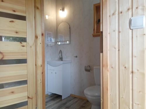 uma casa de banho com um WC e um lavatório em Domek 1 w Rancho Żnin em Znin