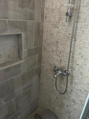 a shower with a shower head in a bathroom at Romanos Villa in Paphos