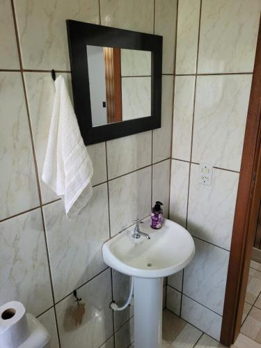 uma casa de banho com um lavatório e um espelho em Apartamento Aconchego Azul Pomerode em Pomerode