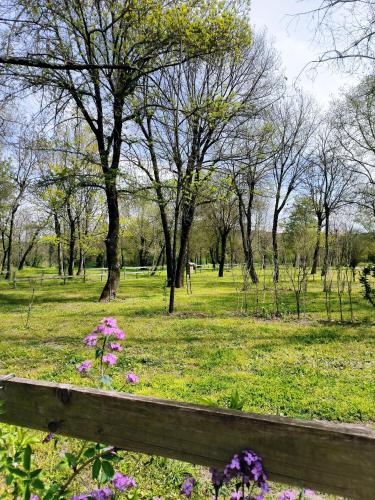 un parco con alberi e fiori e una recinzione di Camping Beaussement Baroudeur a Chauzon