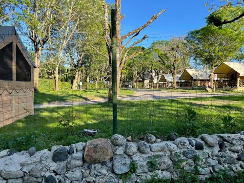 un mur en pierre en face d'un parc avec un arbre dans l'établissement Camping Beaussement Baroudeur, à Chauzon