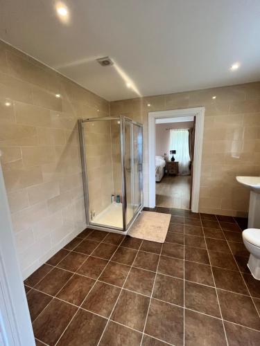 a bathroom with a shower and a toilet and a sink at Bridie's Place in Ballycastle