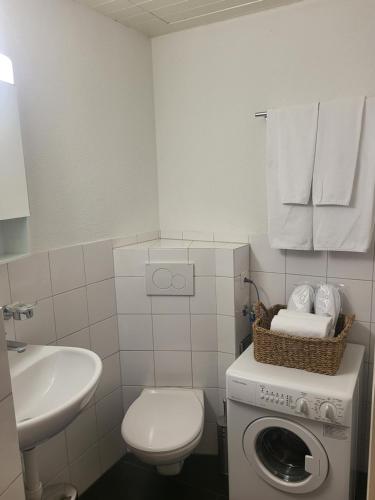 ein Badezimmer mit einer Waschmaschine und einem Waschbecken in der Unterkunft Stylish Apartment in the Heart of Zug by Airhome in Zug