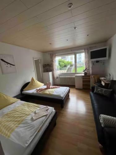um quarto com duas camas e um sofá e uma televisão em Zimmer in Köln em Colônia