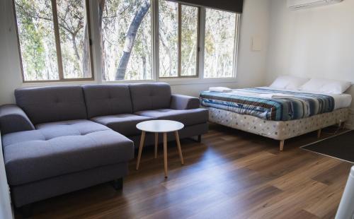 a living room with a couch and a bed at Kosciusko Tourist Park in Jindabyne