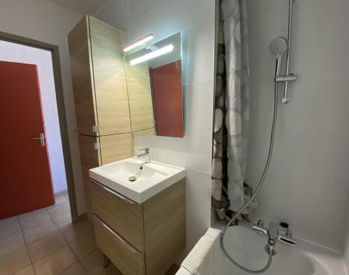 La salle de bains est pourvue d'un lavabo et d'une douche. dans l'établissement Sol-y-Days Goeland, Appartement avec terrasse front de mer et place de parking en centre-ville, au Grau-du-Roi