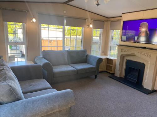 a living room with a couch and a fireplace at Birchwood in Skegness in Skegness