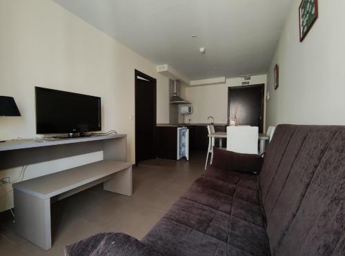 Aparthotel Castellfort في Castellfort: غرفة معيشة مع أريكة وتلفزيون بشاشة مسطحة