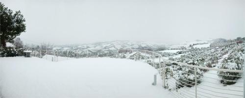 a snow covered hillside with a fence and trees at Domus Petrae - Ripatransone in Ripatransone