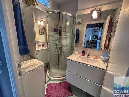 La salle de bains est pourvue d'une douche et d'un lavabo. dans l'établissement Appartement Juan les Pins 5 minutes de la mer, à Antibes