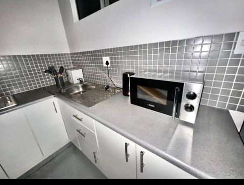Johannesburg的住宿－Matcha themed Apartment in City，厨房配有水槽和台面上的微波炉