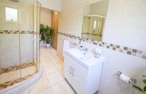 a bathroom with a sink and a shower at Victoria Falls Holiday Home in Victoria Falls