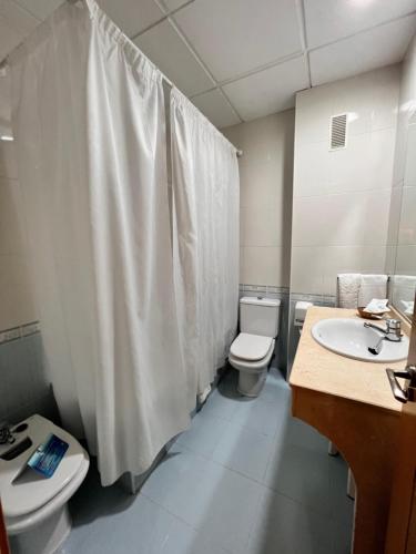 a bathroom with a toilet and a sink and a shower curtain at Hotel Las Tablas in Daimiel