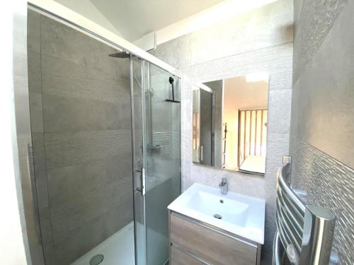 une salle de bain avec une douche, un lavabo et un miroir dans l'établissement Lamartine hypercentre 503, à Nice