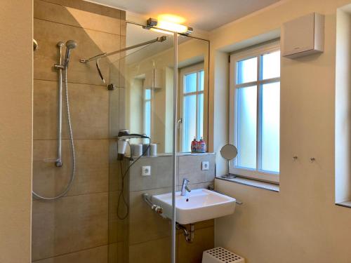 a bathroom with a sink and a shower at Ferienhaus Grodenblick Sanddorn Whg 3 in Wangerooge