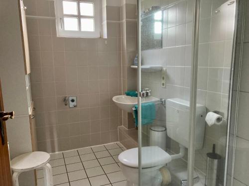 ヴァンガーオーゲにあるHaus Arnoldのバスルーム(トイレ、洗面台、シャワー付)
