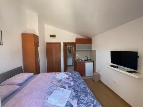 a bedroom with a bed and a flat screen tv at Apartments Manojlovic in Budva