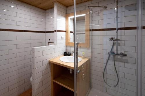 une salle de bain avec une douche et un lavabo et une douche dans l'établissement Ekseption - 7-room chalet + sauna 12/14 persons, à Peisey-Nancroix
