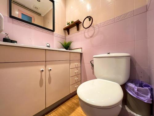 ein rosafarbenes Bad mit einem WC und einem Spiegel in der Unterkunft Vivalidays Albert - Calella - in Calella