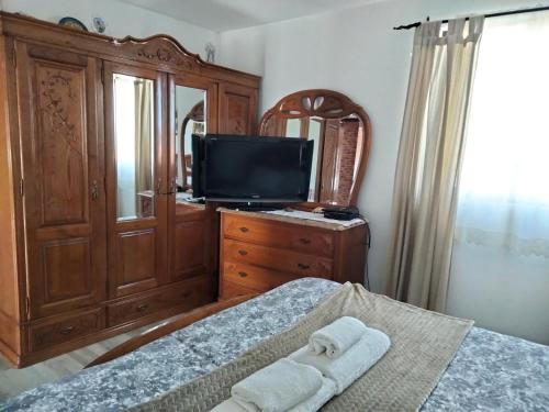 una camera con un letto e un comò con una televisione di Casa da Emilia do Gerês a Outeiro