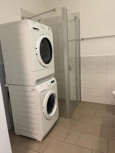uma máquina de lavar e secar roupa na casa de banho em Hotel Swiss Bellevue em Kreuzlingen