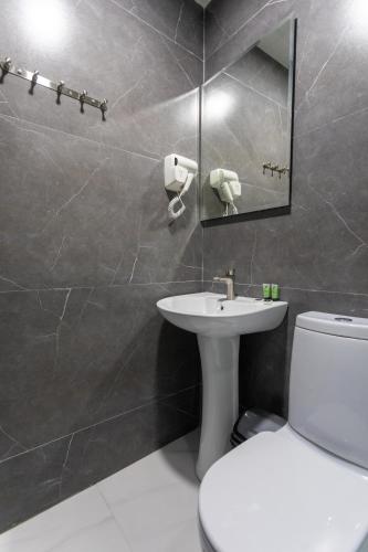 a bathroom with a toilet and a sink and a mirror at Hotel West Way in Kutaisi
