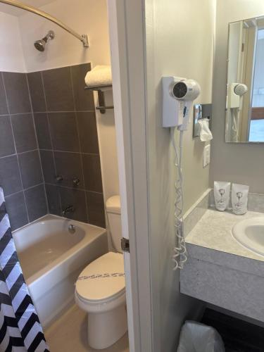 a bathroom with a toilet and a sink and a shower at Motel Carleton Sur Mer in Carleton sur Mer