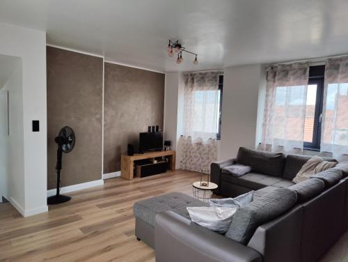 a living room with a couch and a television at Le Bronze, appartement de standing en hypercentre in Sarreguemines