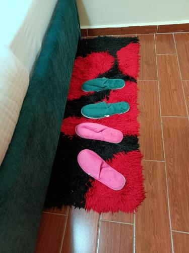 a pair of pink shoes on a red rug at Kaisa gardens in Nairobi