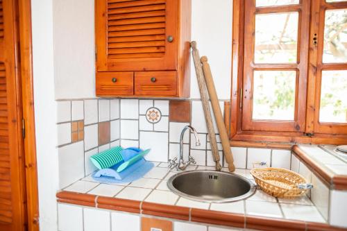 encimera de cocina con fregadero y ventana en Ficus Traditional Apartments, en Kefalos