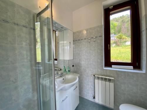a bathroom with a sink and a glass shower at A dream on the lake in Ranco