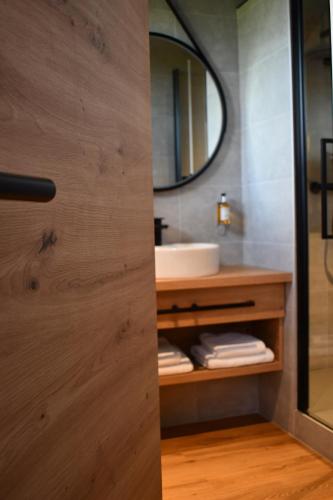 a bathroom with a sink and a mirror at Le Cheval Blanc - Lac du Der - Logis Hotel in Giffaumont