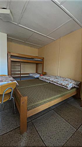 ein Schlafzimmer mit einem Bett und einem Tisch darin in der Unterkunft Šiška Kemp in Doksy