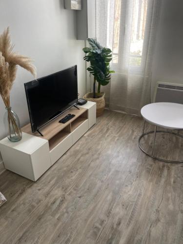 un salon avec une télévision à écran plat sur un meuble blanc dans l'établissement Le Voltaire, à Troyes