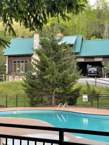 a pool in front of a house with a tree at A River Runs Through It in Sevierville
