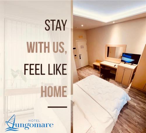 a hotel room with a bed and a desk at Hotel Lungomare in Vlorë