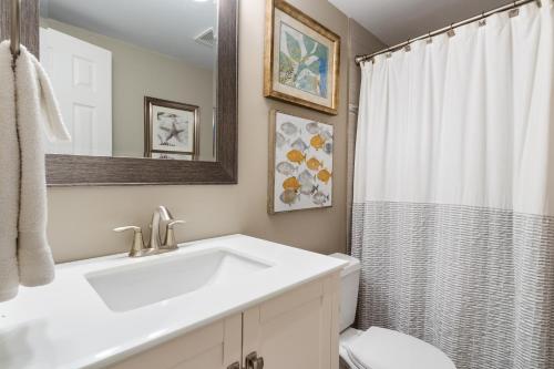 baño con lavabo y cortina de ducha en Scenic Sunset en Osage Beach