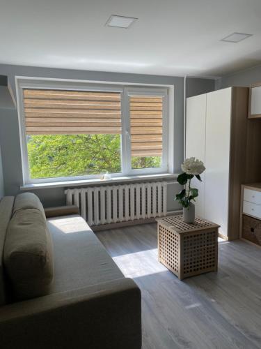 uma sala de estar com um sofá e duas janelas em 1 kambario butukas Kelmėje em Kelmė
