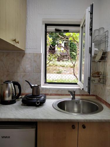 Una encimera de cocina con un fregadero y una ventana. en ApartToni, en Dobra Voda