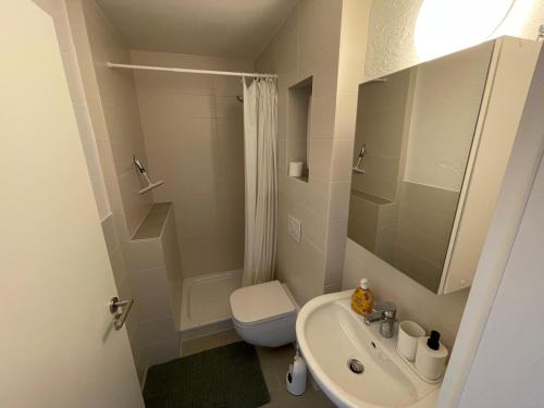 ein weißes Bad mit einem WC und einem Waschbecken in der Unterkunft Liebevoll eingerichtetes Ferienzimmer mit großen Garten in Clausthal-Zellerfeld