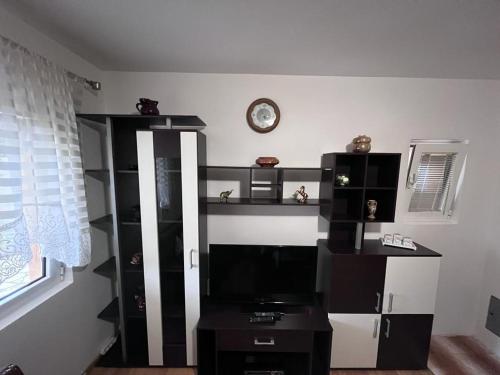 - un salon avec une étagère noire et blanche et une télévision dans l'établissement Apartman Mia, à Kamenari