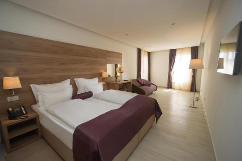 a bedroom with a large bed in a hotel room at Hotel Biokovo in Makarska