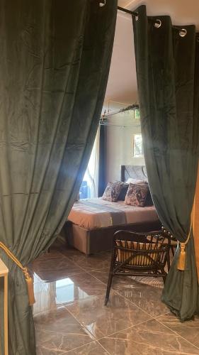 Schlafzimmer mit einem Bett und grünen Vorhängen in der Unterkunft WonderSpa in Chilly-Mazarin